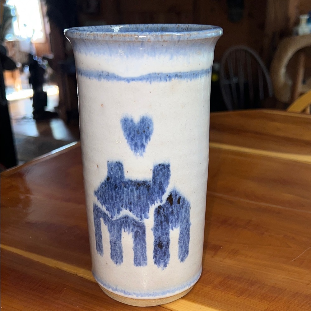 Handcrafted Ceramic Vase with Blue Design signed Wings